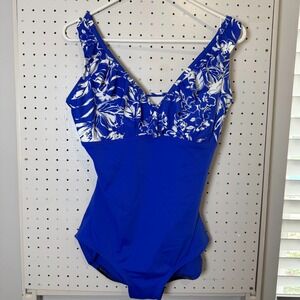 Gabar One-Piece Swimwear Women's‎ Size 12 Blue White Floral V-Neck Padded Cups